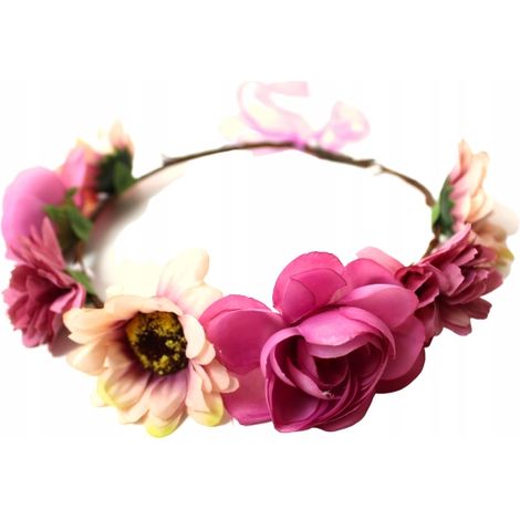 Fascia per capelli boho con elastico, fiori ROSA [48AA] (1/2)