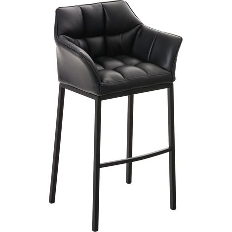 Tabouret de bar chaise haute de comptoir couture carrées assise en PVC noir 4 pieds stables en métal noir 100004684