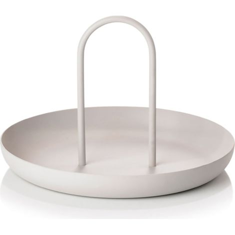 Plateau de service métallique rond portable avec poignée, style moderne minimaliste, gris, pour rangement et table. (1/5)