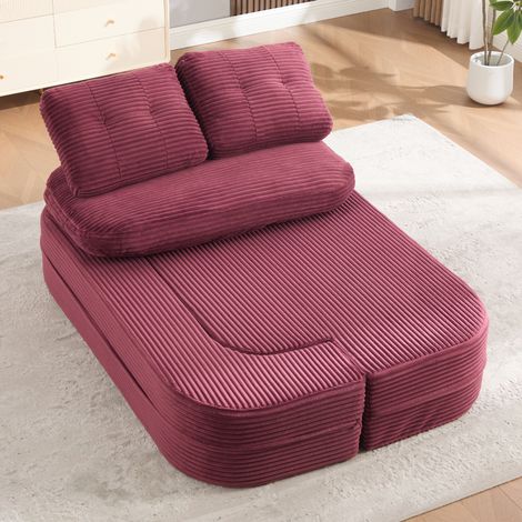 Sofá cama individual de corduroy, convertible en chaise longue, asiento extrafondo, respaldo alto, rojo vino (1/5)