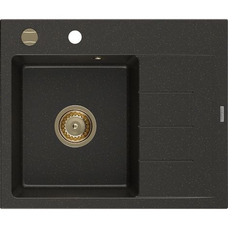 Mexen Ben évier en granit 1 bassin avec égouttoir gauche 600 x 500 mm, noir/doré métallique, siphon doré - 6522605000-75-G (1/5)