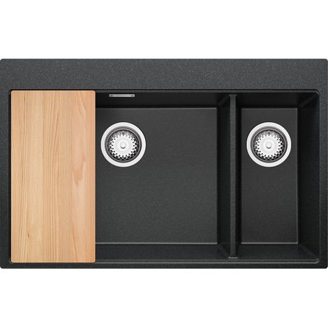 PRIMAGRAN Evier Cuisine en Granit 78x50cm, Lavabo 2 bacs + Kit de Vidage + Planche à Découper, Évier à Encastrer au meuble 80cm - Oslo Duo, Graphite (1/5)
