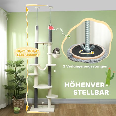 Arbre à chat réglable en hauteur de 225 à 255 cm pour plafond, plateformes et hamacs inclus, protection anti-chute, blanc (1/4)