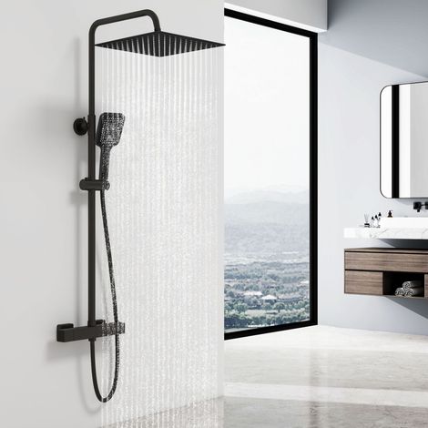 AICA colonne de douche thermostatique avec douche de tête carré de 30X30CM, douchette à main 3 fonctions, hauteur réglable,noir (1/5)
