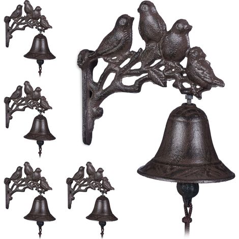 Relaxdays Set of 5 Cast Iron Doorbells, Antique Bird Country Look, Clear Sound, Garden Ornament, Weatherproof, Brown