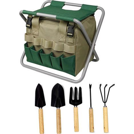 Tabouret de Jardin Pliable - Ensemble d'outils - Sac de Rangement avec Fermeture éclair - Comprend 5 Outils avec télécommande en Bois, Marron (1/4)