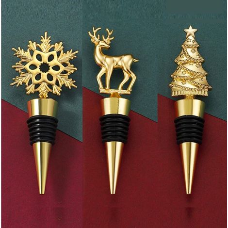 Set of 3 Christmas Wine Stoppers - Designs: Elk, Snowflake, and Christmas Tree - Reusable Gold Champagne Stoppers - Universal Conical Stoppers for Red Wine, Champagne, and Beer - Accessory (1/4)