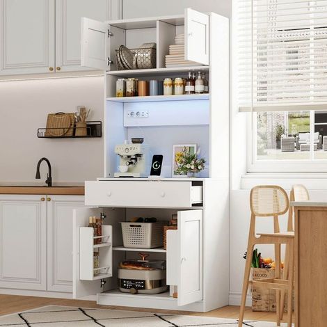 Buffet de cuisine 180 cm, éclairage LED, prise électrique, porte-épices, grand tiroir (1/5)