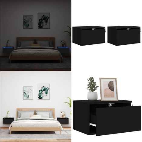 Tables de chevet murales avec lumières LED 2 pcs noir - Tablette De Nuit Murale - Meuble De Rangement Mural - Éclairage Led - Luminaire Mural - Décoration Murale - Home & Living (1/5)
