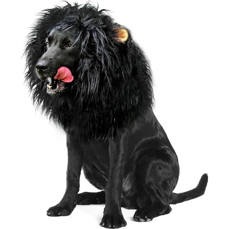 Costume Chien - Perruque Réaliste avec Oreilles - Vêtement Ajustable pour Chien Moyen et Grand - Noir - Polyester - Taille L (Cou 60-80 cm) (1/5)
