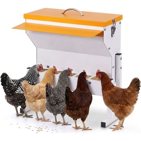 Mangeoire automatique pour poules en acier galvanisé 16 L – 5 ports d'alimentation - Résistante aux intempéries et aux rongeurs – Protection étanche – Facile à assembler (1/5)