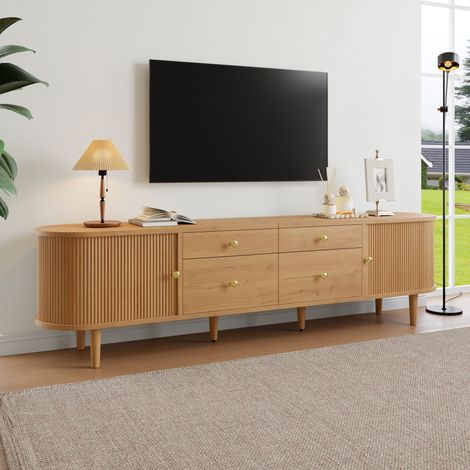 Meuble TV 180x35x50 cm - 4 tiroirs et 2 portes coulissantes - Pieds en bois et poignées en métal - Naturel (1/5)