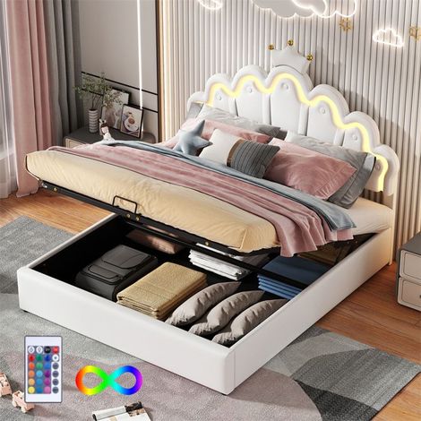 Lit princesse rembourré 140x200 cm blanc LED couleur changeante coffre hydraulique PU MDF (1/5)
