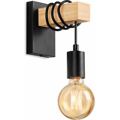 Applique Murale Industrielle en Bois Lampe Murale Vintage Eclairage Murale intérieur Rétro E27 Spot Mural pour Salon Chambre Salle à Manger Couloir Bar Noir (sans ampoule) (1/5)