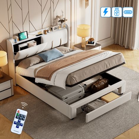 Lit coffre 160x200 cm avec Sommier LED et USB, Lit capitonné 160x200 avec tête de lit rangement, Velours, Beige (1/5)