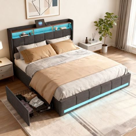 Letto 140x190 - BILLIA - 4 cassetti - LED RGB - USB e Type-C