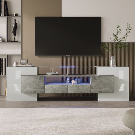 Meuble TV 200 cm blanc brillant et effet béton, LED multicolore avec application, 6 portes, 2 tiroirs, 3 niches, plateau en verre (1/5)