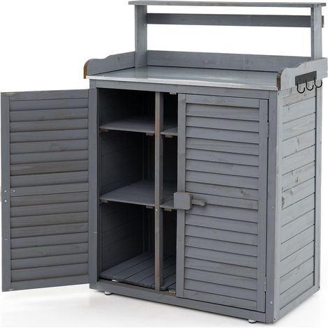 Costway – Armoire de jardin en bois de sapin avec plan de travail en métal – 3 crochets – étagères amovibles – portes à persiennes – 87 x 45 x 120 cm (gris)