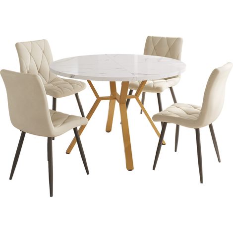 Ensemble table à manger et chaises, lot de 5 pièces, ensemble moderne et simple, rond en marbre, pieds de table dorés en métal + 4 chaises ergonomiques en velours, chaises de salle à manger beige (1/5)