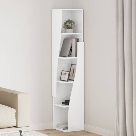 Meuble d’angle avec 5 étagères en bois d’ingénierie blanc brillant, 27,5 x 27 x 140 cm - PANGIVO (1/5)