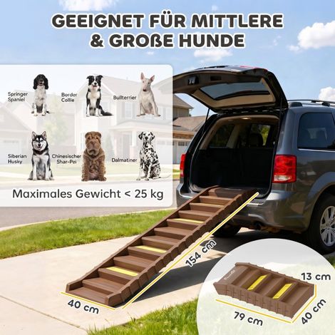 Rampe escamotable auto, échelle canine 10 marches, revêtement anti-glisse, 154x40 cm, pour chien moyen jusqu'à 25kg (1/5)