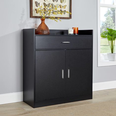 Modern 2 Door Black Shoe Cabinet Storage Organiser Compact Space Saver Hallway