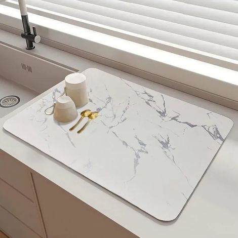 Grand Tapis Egouttoir Vaisselle 40x60cm, antidérapant, pliable, séchage rapide pour comptoir cuisine, bar, - Marbre Blanc 60 × 40 cm (1/5)