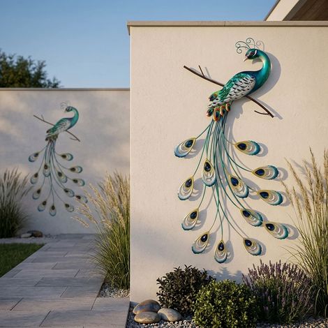 2x Rilievo da parete, decorazione murale per esterni, quadro da giardino, pavone, piume metalliche colorate, H 73 cm (1/5)