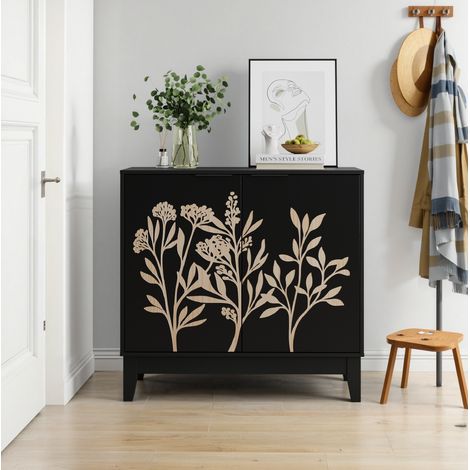 Buffet rangement 80 cm noir MDF double porte sculptee OKMYHOME (1/5)
