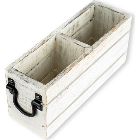 Panier à couverts multifonction à 2 compartiments pour bureau, télécommandes, table de chevet, finition blanche rustique en bois de manguier avec poignées en métal (1/5)