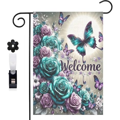 Drapeau de jardin style enchanteur et roses turquoise 30 x 45 cm décoration terrasse et extérieur (1/5)