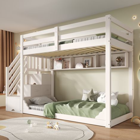 Letto a castello 90x200 cm con armadio, scala contenitore, vano portaoggetti e rete a doghe, in legno bianco, materasso non incluso (1/5)