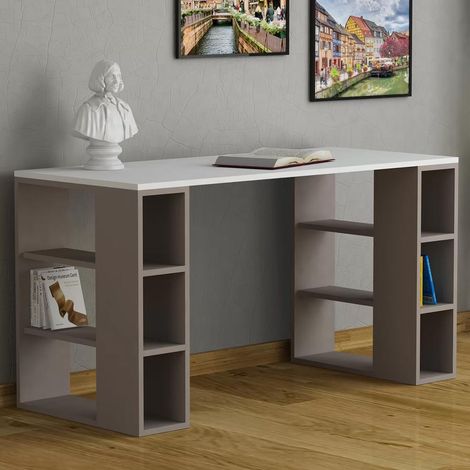 Scrivania con Libreria 6 Ripiani 140x60x75 cm Tavolo Porta Pc Computer in Legno Tortora (1/4)