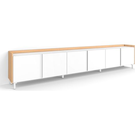 Skraut Home - Meuble TV, Banc Télé, Grand espace de Rangement, 309x35x61cm, Pour les TV jusqu'à 80", Design industriel, Style moderne, Blanc et Chêne Soft (1/5)
