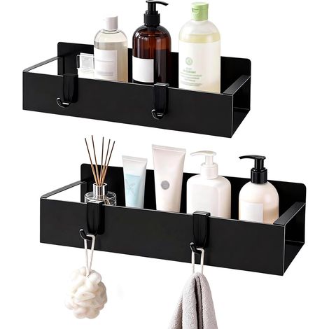 CCYKXA2-Piece No-Drill Shower Shelf, Black, Rustproof Bathroom Storage Shelf, Shower Shelf, Shelf with Four Hooks (1/5)