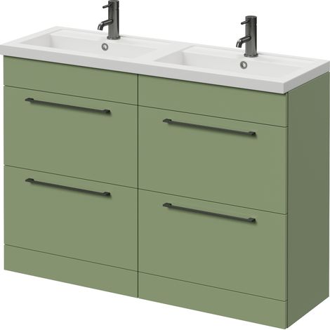 Napoli 390 Olive Green 1200mm 4 Drawer Vanity Unit with Double Lucia Basins - 1200mm - Gunmetal Grey 320mm Handle