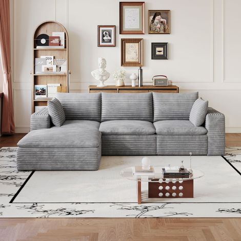 Kompaktes 3-Sitzer-Ecksofa, 260 cm, aus hellgrauem Cord, doppellagiges Design, abnehmbares Sitzkissen, keine Montage erforderlich, Hocker inklusive