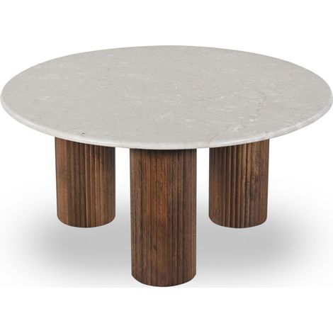 Table basse en marbre et bois massif ø80cm - Blanc ivoire - SULA (1/5)