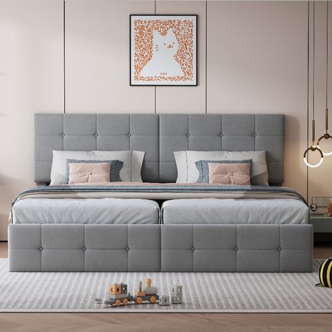 Lit coffre 180x200 cm avec rangement hydraulique, lit double modulable 2 en 1 séparable, tête de lit capitonnée réglable, velours gris (1/5)