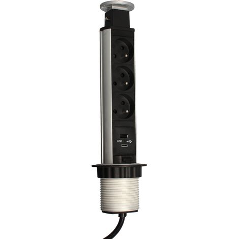 Bloc prises escamotables 3 prises 2P+T +2 USB