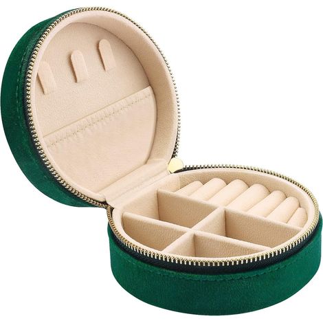 Mini coffret à bijoux de voyage en velours, Boîte à bijoux de voyage pour filles et femmes, Petit organisateur de bijoux pour bagues, boucles d'oreilles, colliers, Vert foncé (1/4)