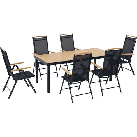 Salon de jardin extérieur 6 personnes. cadre en aluminium. table 190 cm. 6 chaises pliables et inclinables. noir (1/5)