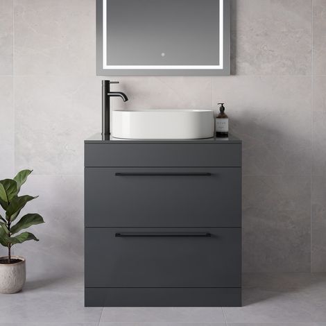 Napoli 460 Gloss Grey 800mm 2 Drawer Vanity Unit for Countertop Basins - 800mm - Matt Black 480mm Handle