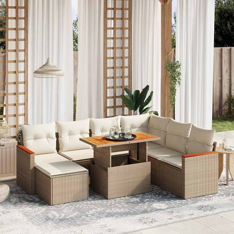 Ensemble Salon Jardin 8 Places Résine Tressée Beige avec Coussins - Table Réglable, Modulaire et Lavable (1/4)