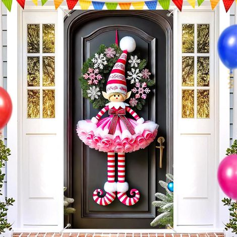 Habillage De Porte De Noël - Motif Père Noël Bonhomme De Neige Nains - Effet 3D - 90 X 180 Cm - Pour Porte D'Entrée Mur Ou Table - 1 Pièce (1/5)