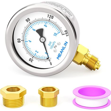010BAR/0150PSI Stainless Steel Dry Pressure Gauge 1/8" BSP 2" DIAL FACE Waterproof for Well Pump, Water Pressure, Bottom Mount, with Hex Socket 1/4" BSP and 3/8" BSP (1/5)