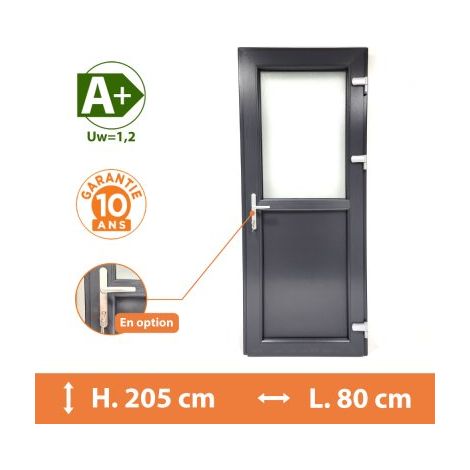 Direct Fenêtres – Porte de service PVC 1/2 vitrée – Gris anthracite RAL 7016 – H.205 x l.80 cm – Isolation thermique A – Vitrage feuilleté retardateur d’effraction