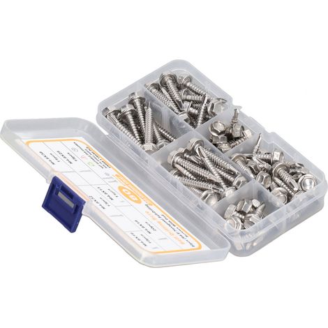 Jeu de 80 vis autoperceuses hexagonales avec rondelles et boîte de rangement, en acier inoxydable résistant à la corrosion, M4.8 (1/5)