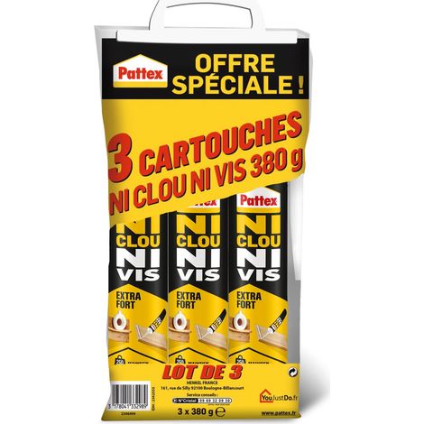 Ni Clou Ni Vis Fix Extra Fort lot de 3 cartouches de 380 g Colle de fixation à maintien immédiat pour usage intérieur Blanc (1/5)
