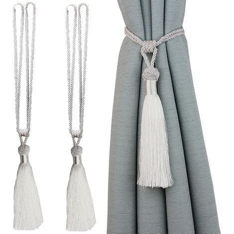 Lot de 2 embrasses de rideaux en corde faites main, avec pompons, blanc, pour bureau ou maison. (1/5)